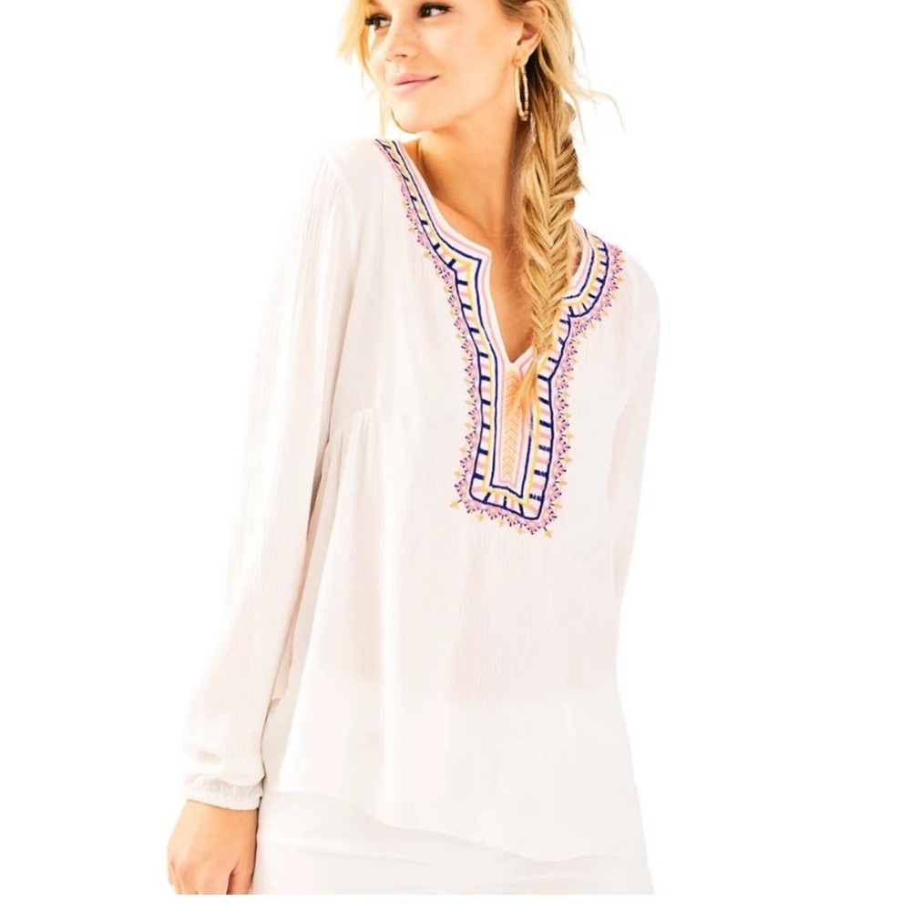 Lilly Pulitzer Dahle Tunic Top White With Pink Embroidery M